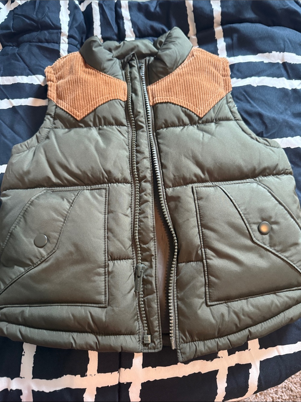 Old Navy Olive Green Puffer Vest with Tan Corduroy Yoke